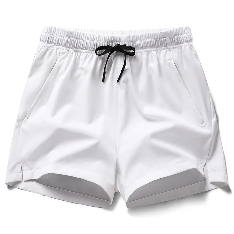 White shorts with a black drawstring on a white background